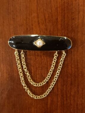 Vtg Monet Black and Gold Brooch with Pearl Accent